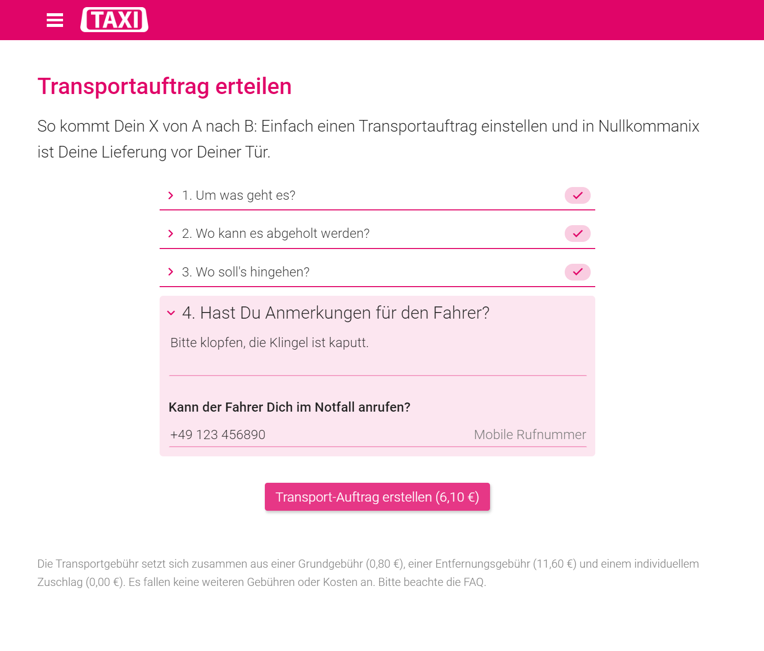 ahaus.taxi App — Formular zur Auftragserfassung